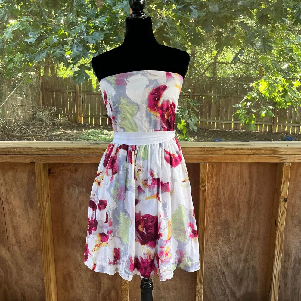 Banana Republic White & Colorful Abstract Floral Strapless Dress Size 6